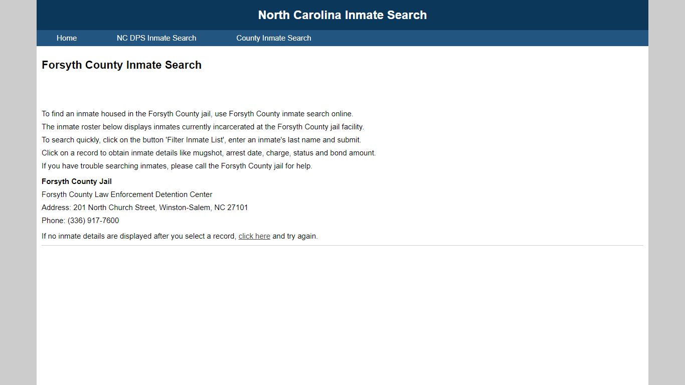Forsyth County Inmate Search - North Carolina Inmate Search